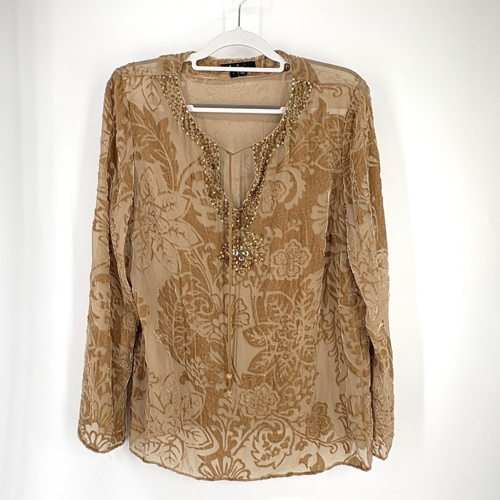 VTG Romantic Sheer Embellished Top Large Tan Y2K Chiffon Fairy ECI New York